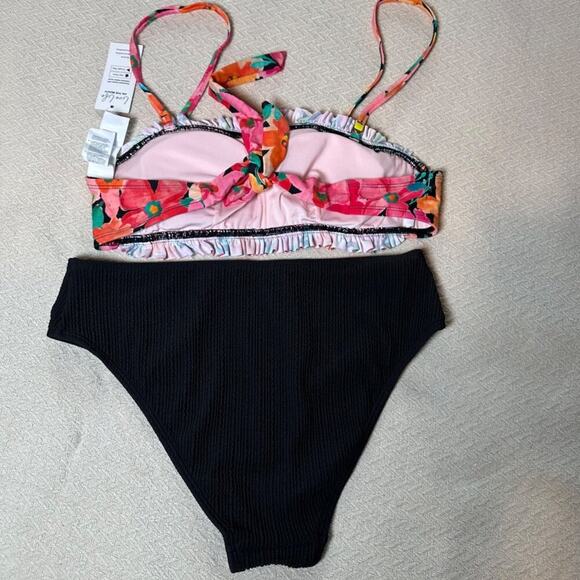 Cupshe Floral Smocked Bikini Set w/ Black Ribbed High Waist Cheeky Womens Small - Picture 2 of 11